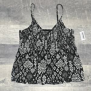 Old Navy V-Neck Mesh Babydoll Cami Swing Top Women M Black Geometric Sleeveless